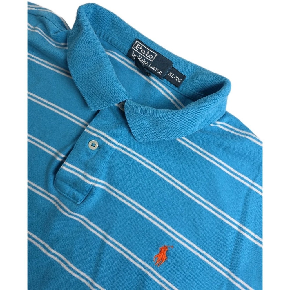 Polo Ralph Lauren Polo Shirt Men XL Blue White Striped Short Sleeve Pony Cotton